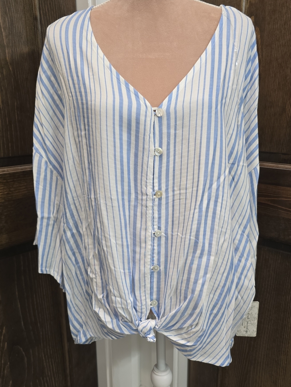 French Laundry Blue and White Striped Button-Front Women’s Shirt with Front Knot